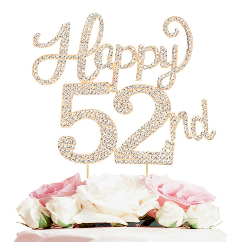 LASKYER Happy 52nd Birthday Decorations,52nd Birthday Gold Rhinestone Cake Topper - Cheers to 52 Years Old Bday Party Metal Sparkly Cake Centerpieces Sign. - Image 1